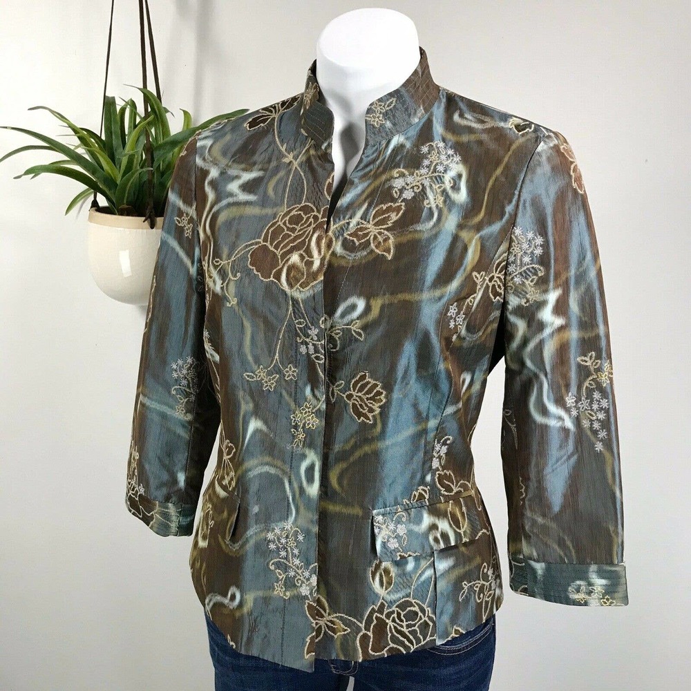 Worth Green Floral Embroidered Blazer Lined Metallic Jacket Womens Size 8 Petite
